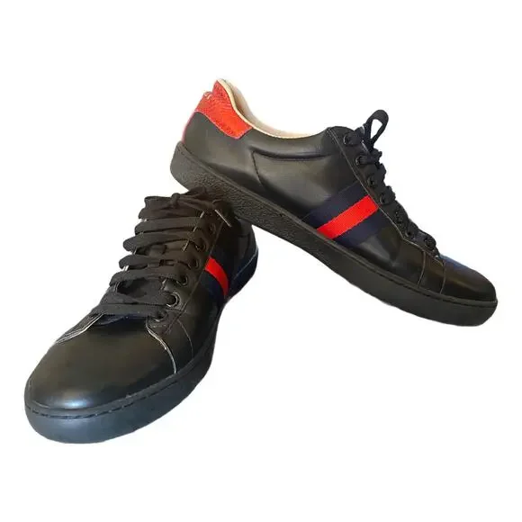 Gucci Ace Embroidered Tiger low-top black leather sneaker size 8 - Picture 2 of 6